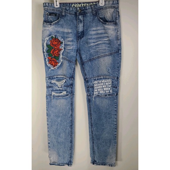 Contender Other - Contender Jeans Men's 34x34 Blue Distressed Embroidered Rose Patch Denim EUC